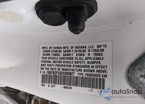 2013 Honda Civic Lx из США, поврежденный, VIN 19XFB2F53DE069927